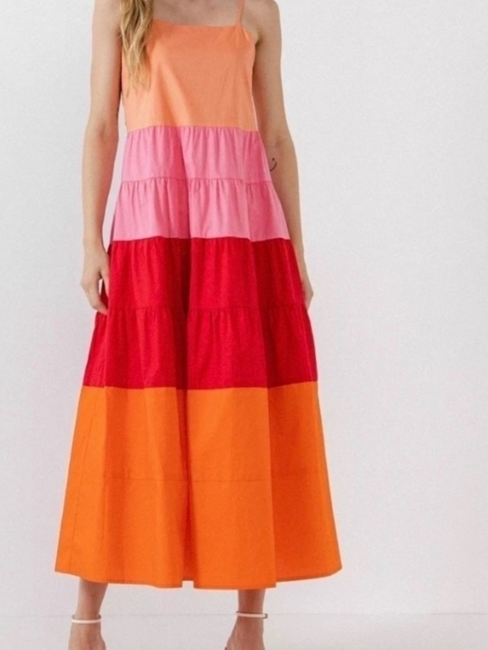 English Factory Colorblock Tiered Maxi Dress in Orange, Pink & Red